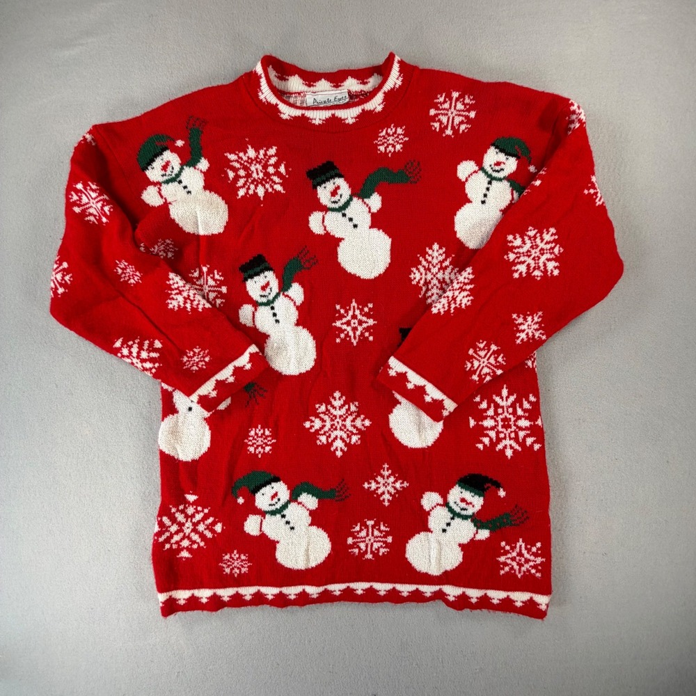 Vintage Private Eyes Christmas Sweater Red Snowman Snowflake Made In USA Knit